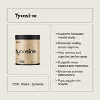 Tyrosine - 100% Pure L-Tyrosine Unflavoured - 200g by Switch Nutrition highlighting benefits and powder details.