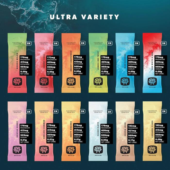 Ultra Variety Electrolyte Drink Mix - 30 Sticks by SALTT, colorful sachets in assorted flavors from Drinks and Electrolytes collections