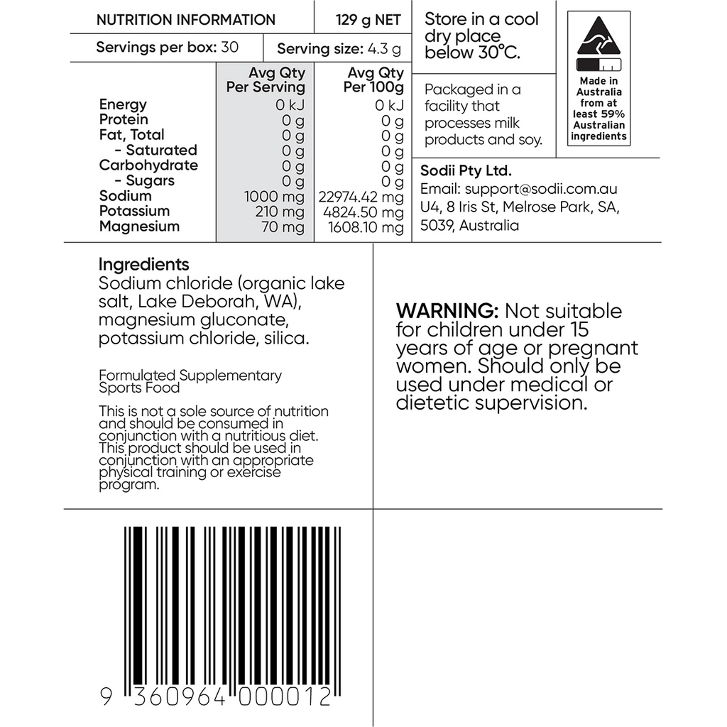 Unflavoured - 30 Sachets by Sodii showing nutritional facts, ingredients, and usage warnings on white label.