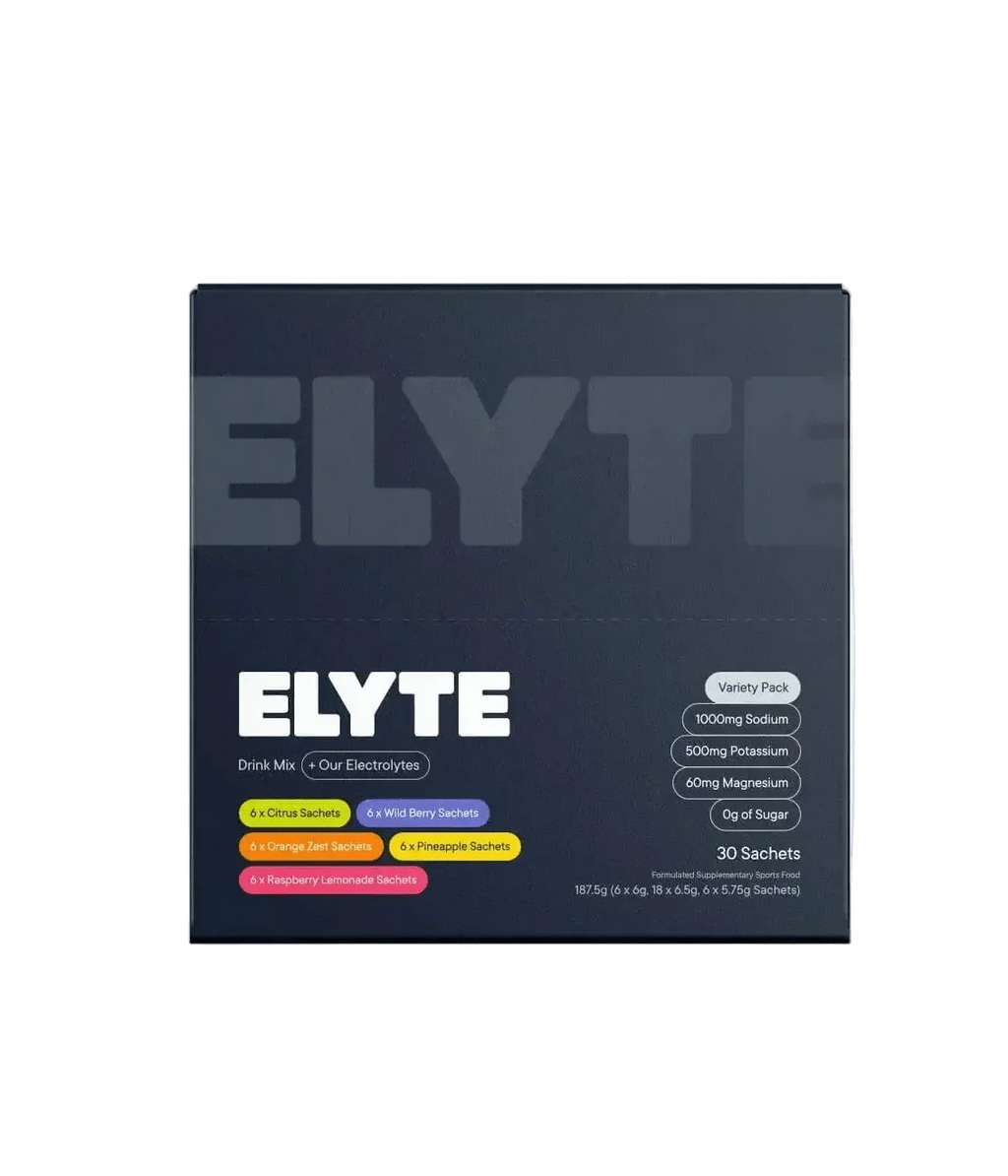 Variety Hydration Drink Mix - 30 Sachets by Elyte, featuring electrolytes with citrus, wild berry, orange zest, pineapple, and raspberry flavors.