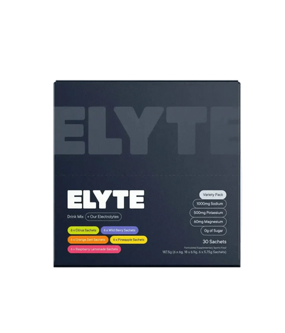 Variety Hydration Drink Mix - 30 Sachets by Elyte, featuring electrolytes with citrus, wild berry, orange zest, pineapple, and raspberry flavors.