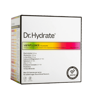 Packaging of Variety Sachet Pack - 14 Serves by Dr. Hydrate showing ingredients and nutritional highlights on a white box