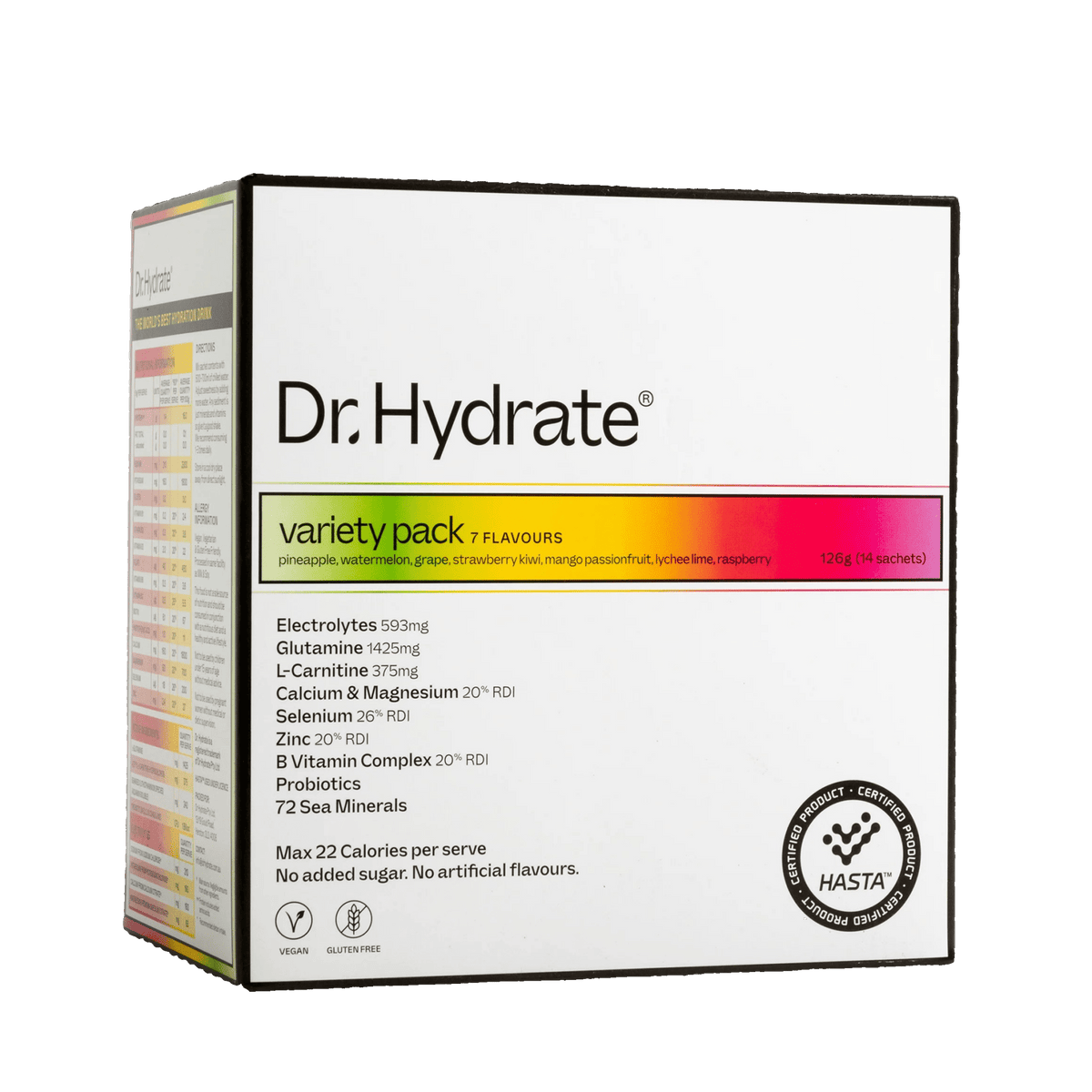 Packaging of Variety Sachet Pack - 14 Serves by Dr. Hydrate showing ingredients and nutritional highlights on a white box