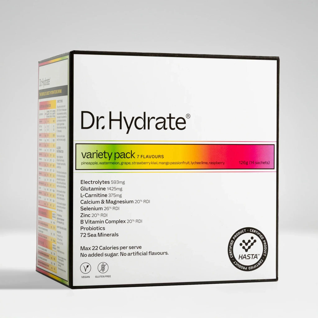 Dr. Hydrate Variety Sachet Pack - 14 Serves box showing nutrition details and 7 flavour options for electrolyte drinks.