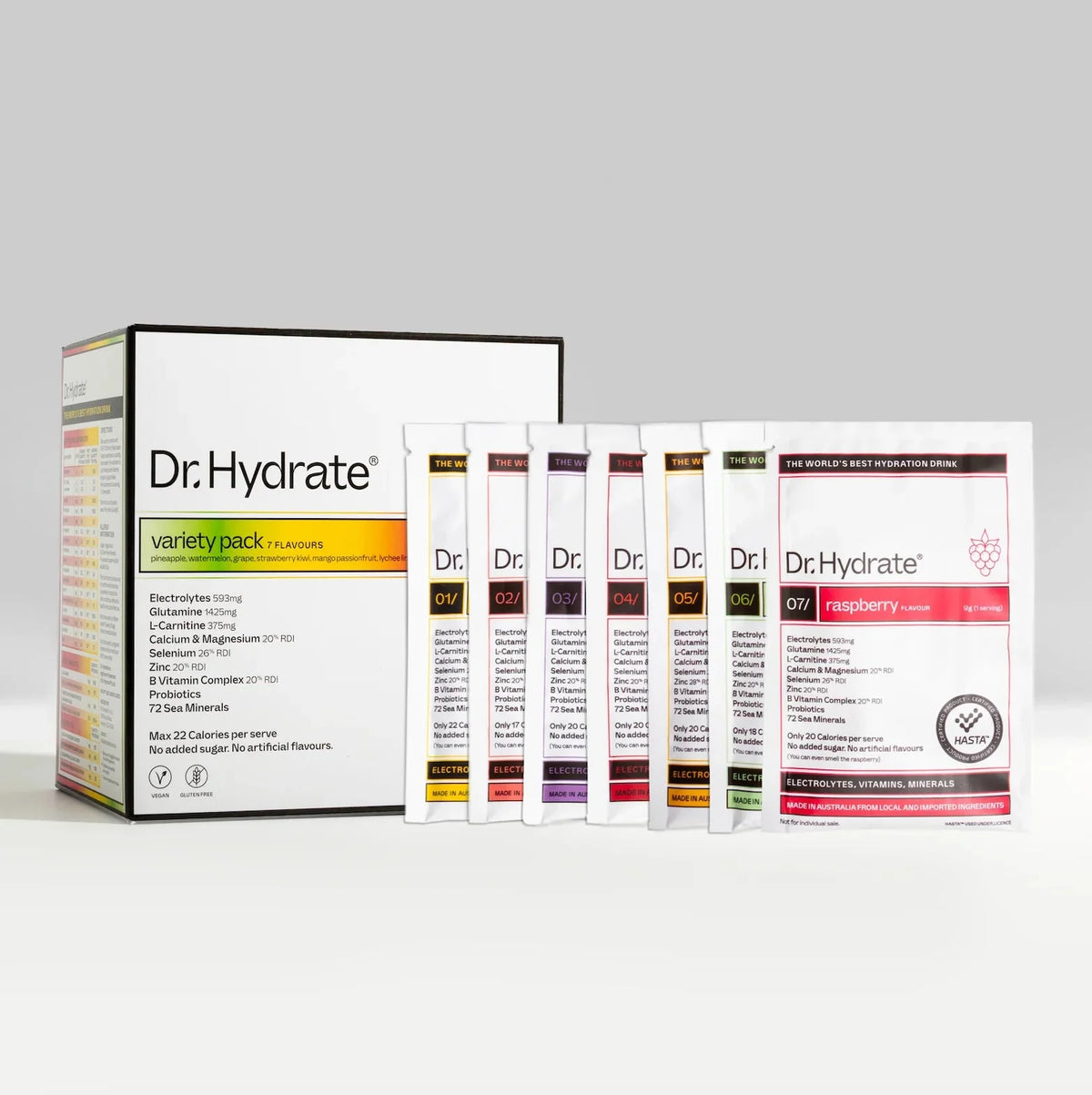 Variety Sachet Pack - 14 Serves by Dr. Hydrate displaying multiple electrolyte sachets alongside the product box