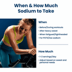 Image showing guidance on sodium intake timing and amount with a smiling woman in workout attire exercising on a stationary bike, promoting Venture Pal - Single Stick for keto and low carb hydration support.