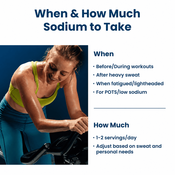 Image showing guidance on sodium intake timing and amount with a smiling woman in workout attire exercising on a stationary bike, promoting Venture Pal - Single Stick for keto and low carb hydration support.