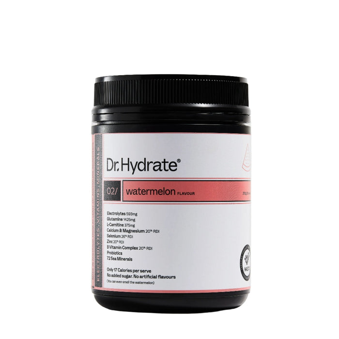 Dr. Hydrate Watermelon Jar - 30 Serves electrolyte powder container with detailed nutritional information label.