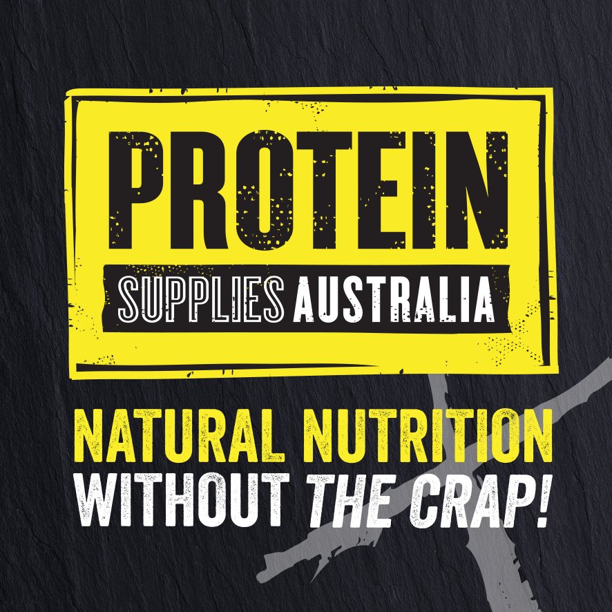 Protein Supplies Australia logo in bold yellow and black with tagline Natural Nutrition Without The Crap on dark textured background