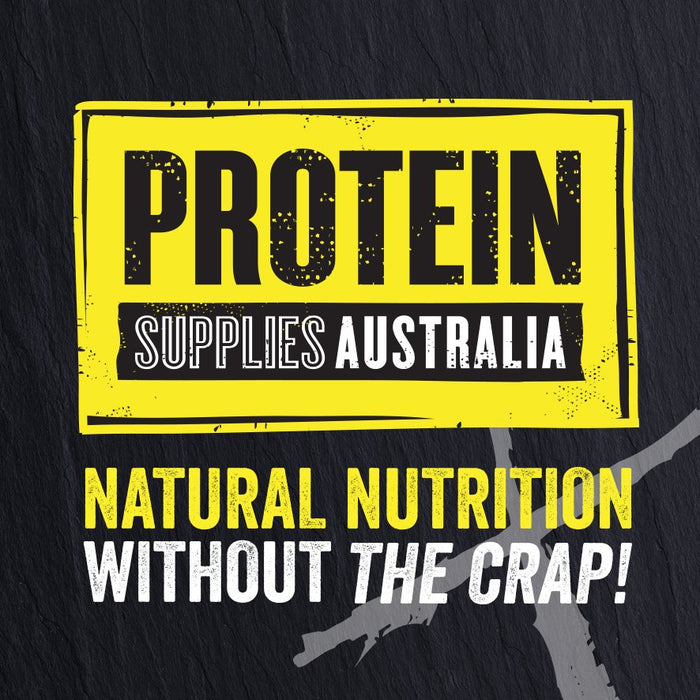 Protein Supplies Australia logo in bold yellow and black with tagline Natural Nutrition Without The Crap on dark textured background