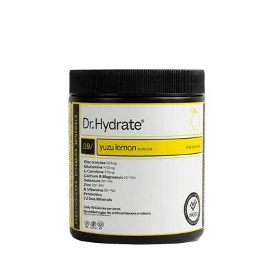 Dr. Hydrate Yuzu Lemon Jar - 30 Serves electrolyte hydration powder, refreshing citrus flavor, low carb functional drink.