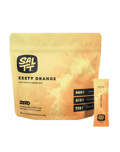 SALTT Zesty Orange Electrolyte Drink Mix - 30 Sticks package with electrolyte content details in orange packaging